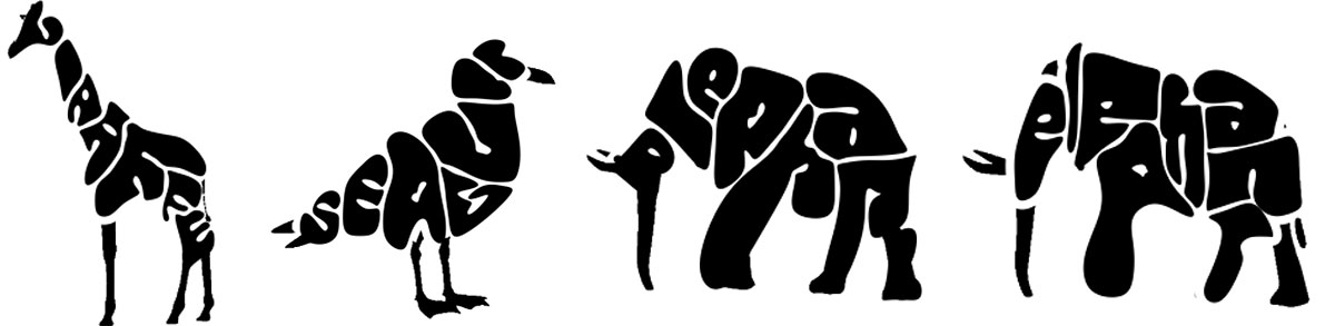 Calligram generation. Deforming glyphs to fit animal silhouettes.