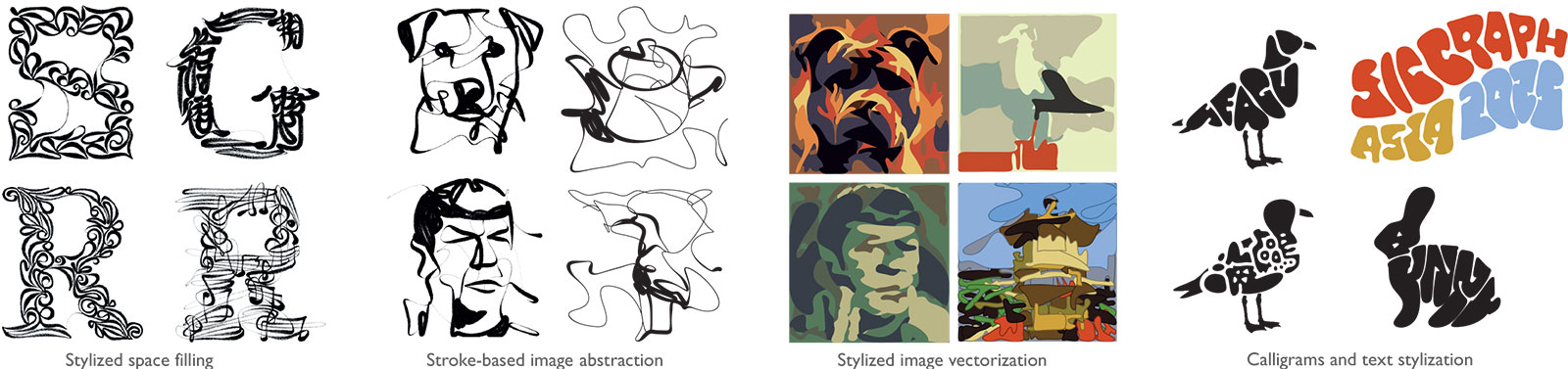 Our method allows to optimize long and smooth B-Spline curves using DiffVG rasterization pipelines. Applications range from text stylization to image abstraction and vectorization.